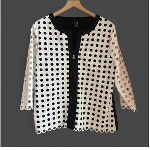 Ravel White Black Polka Dot Eyelet Lightweight Zip Mesh Sleeve Modern Jacket